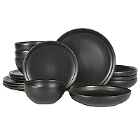 Gibson Elite Beckett Stoneware Matte Reactive Glaze 16 Piece (Service for 4) Plates and Bowls Dinnerware Set - Black