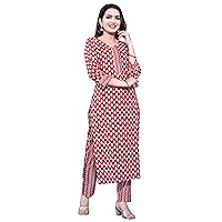 Women's Pure Cotton Plain Tunic Top with 3/4 Sleeves With Pant, Roll-up Button Neck Long Kurti/Kurta With Pant