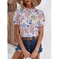 Women's Tops Sexy Tops for Women Women's Shirts Paisley Print Mock Neck Puff Sleeve Blouse (Color : Pink, Size : Small)