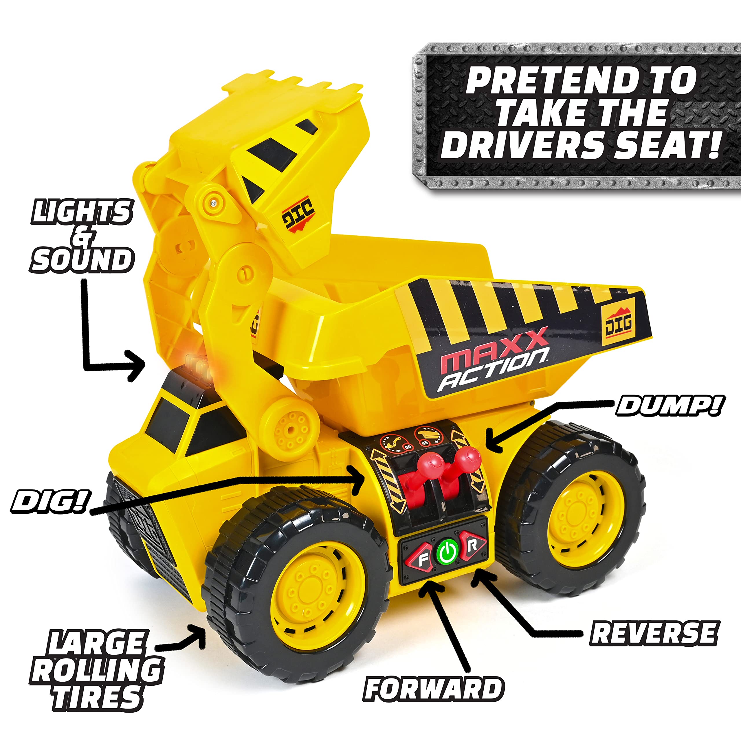 Sunny Days Entertainment 2-N-1 Dig Rig – Dump Truck and Front End Loader with Lights, Sounds and Motorized Drive, Yellow, Large