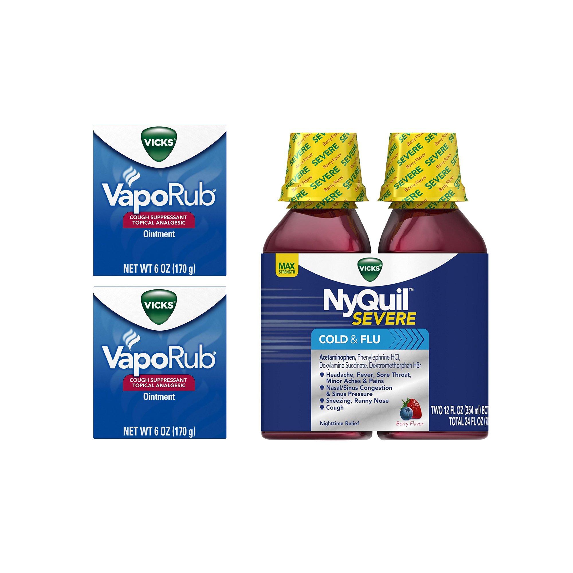 Cough, Cold, and Flu Bundle - Vicks VapoRub Cough Suppressant 6 oz (pack of 2) and Vicks Nyquil SEVERE Nighttime Relief 12 oz (twin pack)