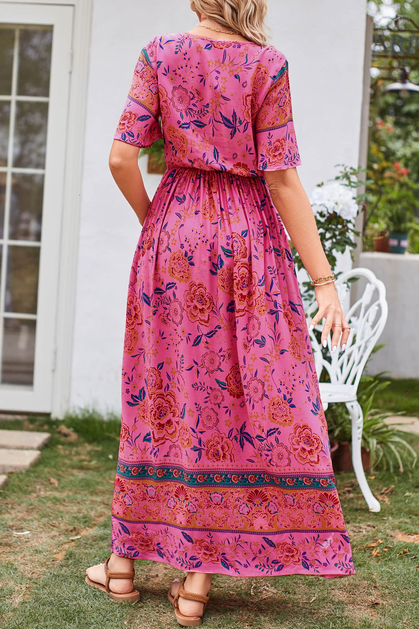 PRETTYGARDEN Women's Casual Summer Boho Floral Print Dress V Neck Short Sleeve High Waist Long Maxi Beach Dresses