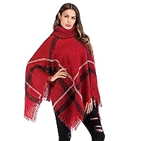 Andongnywell Women's Knitted Sweater Tassels Cloak Poncho Top Stripe Fringe Cape Shawl Irregular Cloak Shawl