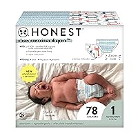 Clean Conscious Diapers | Plant-Based, Sustainable | Dots & Dashes + Multi-Colored Giraffes | Club Box, Size 1 (8-14 lbs), 78 Count