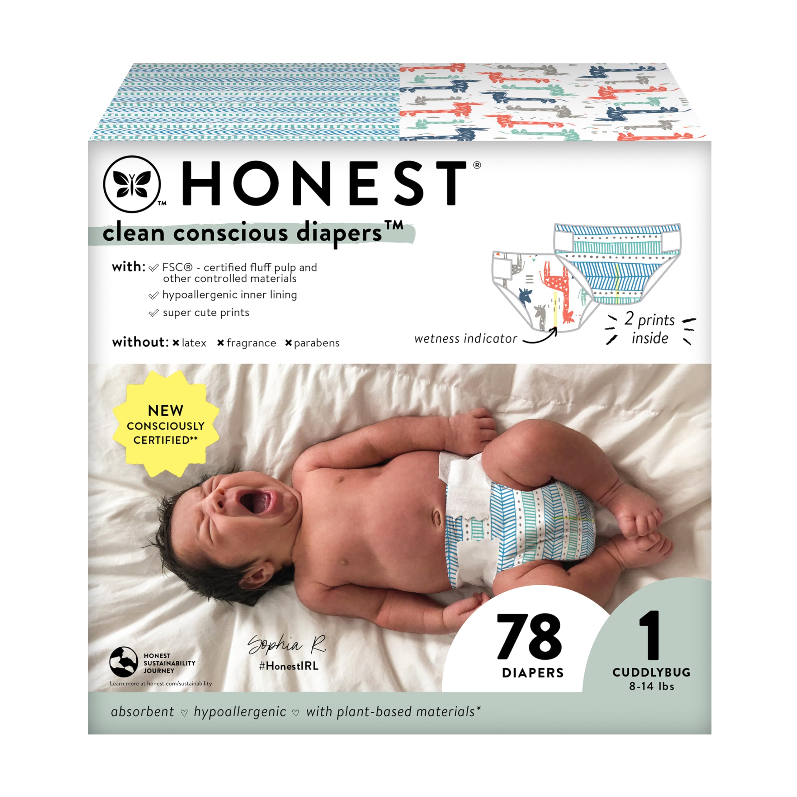 The Honest Company Clean Conscious Diapers | Plant-Based, Sustainable | Dots & Dashes + Multi-Colored Giraffes | Club Box, Size 1 (8-14 lbs), 78 Count