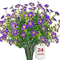 24 Bundles Artificial Flowers for Outdoors, Faux Silk Flowers Fake Plants Artificial Greenery for Indoor Outside Garden Porch Window Hanging Planter Office Table Home Decor, Purple