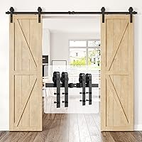 8ft Heavy Duty Sturdy Sliding Barn Door Hardware Kit Double Door - Smoothly and Quietly-Easy to Install - Fit 1 3/8-1 3/4 inch Thickness Door Panel(Black)(J Shape Hangers)