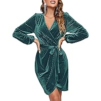 MEROKEETY Women's 2024 Long Sleeve Wrap Velvet Mini Dress Sexy V Neck Cocktail Party Club Dress