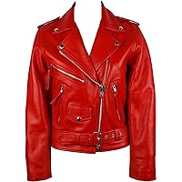 Unicorn Womens Classic Brando Biker Style - Real Leather Jacket - Red #7Z