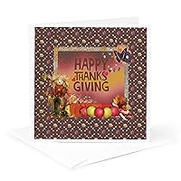 3dRose Greeting Card Happy Thanksgiving, Scarecrow, Pumpkins, Apples, Butterfly, and Leaves - 6 by 6-inches (gc_327182_5)
