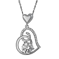 Hanessa Women's Jewellery Rhodium-Plated 2 Hearts Love Rhinestone Necklace in Silver Heart Christmas Gift for Wife / Girlfriend, Rhinestone, Rhinestone