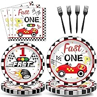 25 Guests Fast One Birthday Decorations for Boys Race Car Plates Napkins Forks Set Disposable Formula 1 Tableware Paper Plates Dinnerware Decorations for Kids Teenager Favors