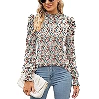 LUYAA Womens Tops Dressy Casual Frill Mock Neck Smocked Cuffs T Shirts Long Puff Sleeve Blouses