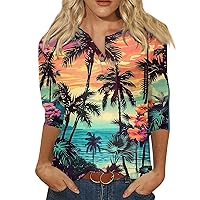 Business Casual Outfits for Women,3/4 Length Sleeve Womens Tops Vintage Print Button Top Graphic Tees for Women