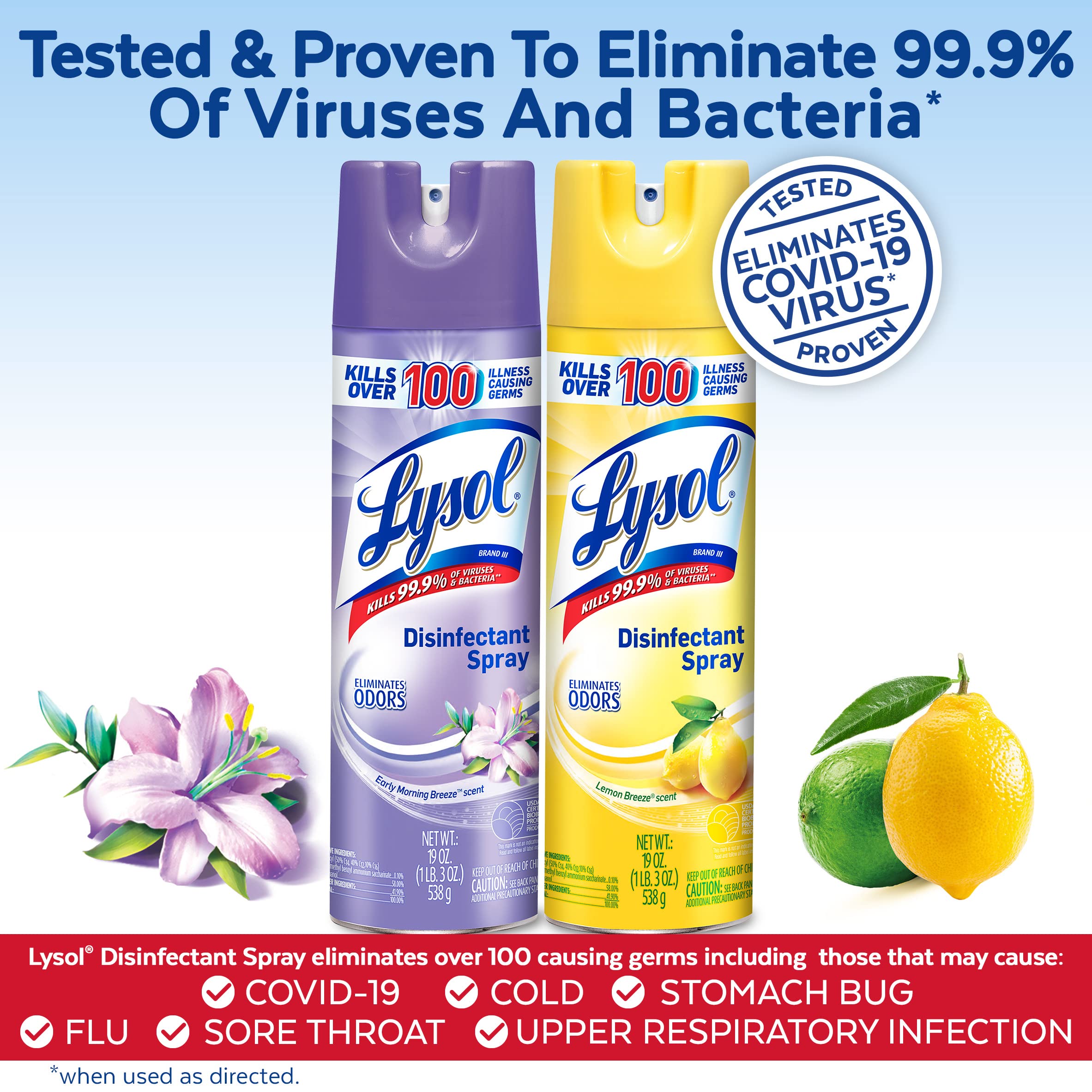 Lysol Disinfectant Spray Bundle, Sanitizing And Antibacterial Spray, For Disinfecting And Deodorizing, contains x2 Lemon Breeze 19 Fl Oz and x2 Early Morning Breeze, 19 Fl Oz, Packaging May Vary
