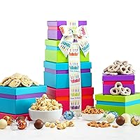 Broadway Basketeers Gourmet Food Gift Basket 4 Box Tower for Birthdays – Curated Snack Box, Sweet and Savory Treats