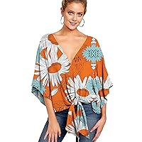 Andongnywell Womens Floral Printed Plus Size V Neck Knot Tie Front Blouses Tops Loose 3/4 Batwing Sleeve Shirts