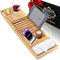 Bamboo Bathtub Caddy with Luxury Gift Box and Red Gifting Ribbon Extendable & Adjustable Tray with Device/Book Holder with Removable Trays for Bath Accessories (Natural)