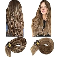 LaaVoo 50g 50s 16” U Tip Keratin Hair Extensions Balayage Dark Brown Ombre Ash Blonde Pre Bonded Utips Extensions Balayage Medium Brown to Light Brown and Gloden Blonde Straight Hot Fusion 50g 50s 16”