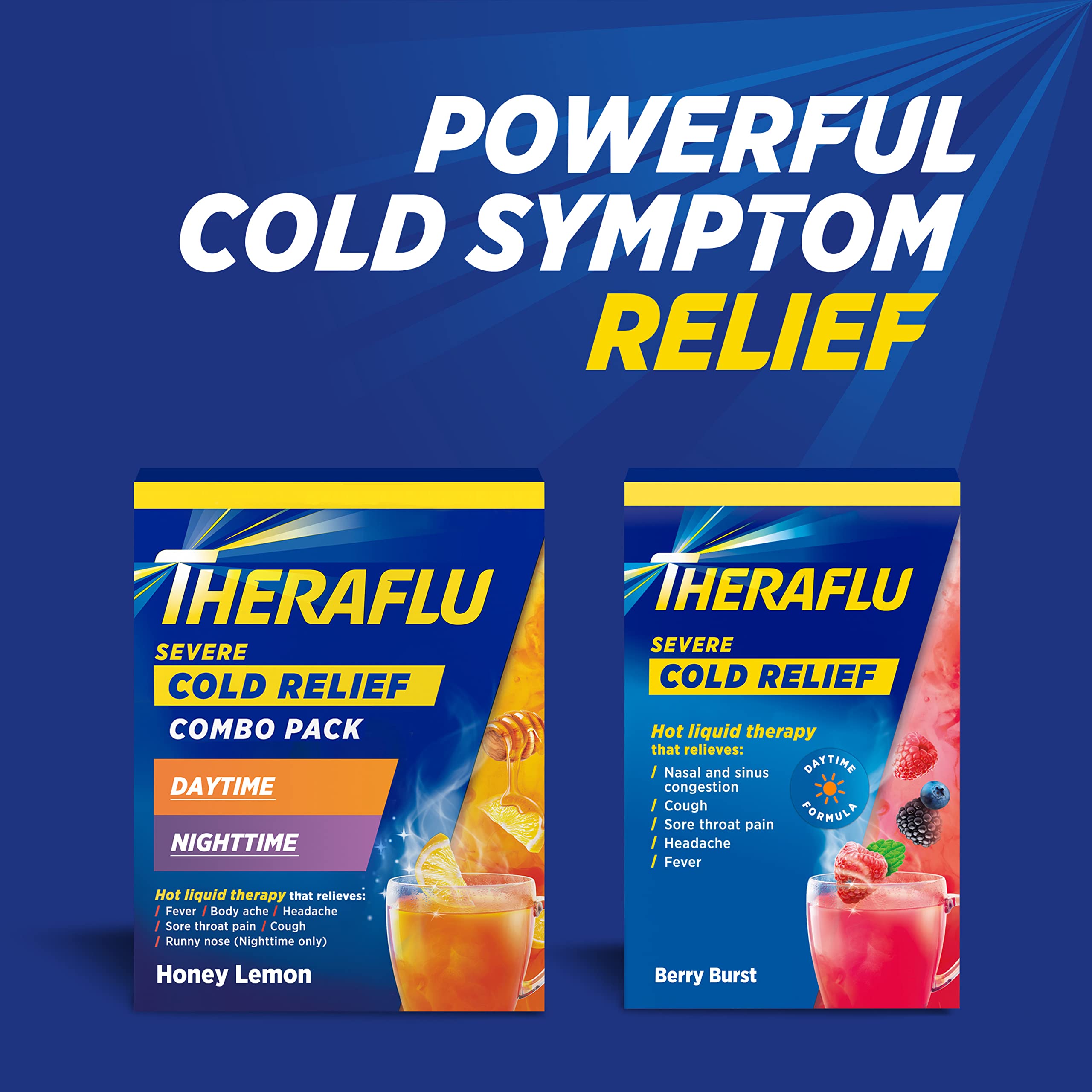 Theraflu Combo Daytime and Nighttime Severe Cold Relief Honey Lemon Flavor Powder​ and Daytime Severe Cold Relief Berry Burst Flavor Powder, ​6 Daytime + 6 Nighttime, and 6 Berry Burst Powder Packets
