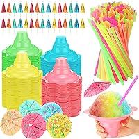 Eaasty 150 Sets Summer Snow Cone Cups and Spoon Straws with Paper Umbrellas Kit, Small Leakproof Reusable Plastic Cups for Shaved Ice Snack Ice Cream Bowls for Holiday Party, 4 oz