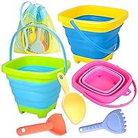 Collapsible Beach Sand Bucket 3 Packs Foldable Sand Buckets Set with Shovels & Mesh Bag Collapsible Beach Toys for Kids Summer Sand Buckets for Kids Cruise Beach Essentials