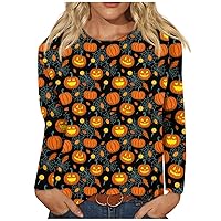 Plus Size Tops for Women Halloween Tshirt Long Sleeve Crewneck V Neck Tunic Shirts Trendy Novelty Pullover Blouses Tee
