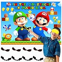 Pin the Moustache on the Bros Party Game Reusable Stickers and Large Felt Poster Super Brother Game Party Supplies for Wall Decorations Favors