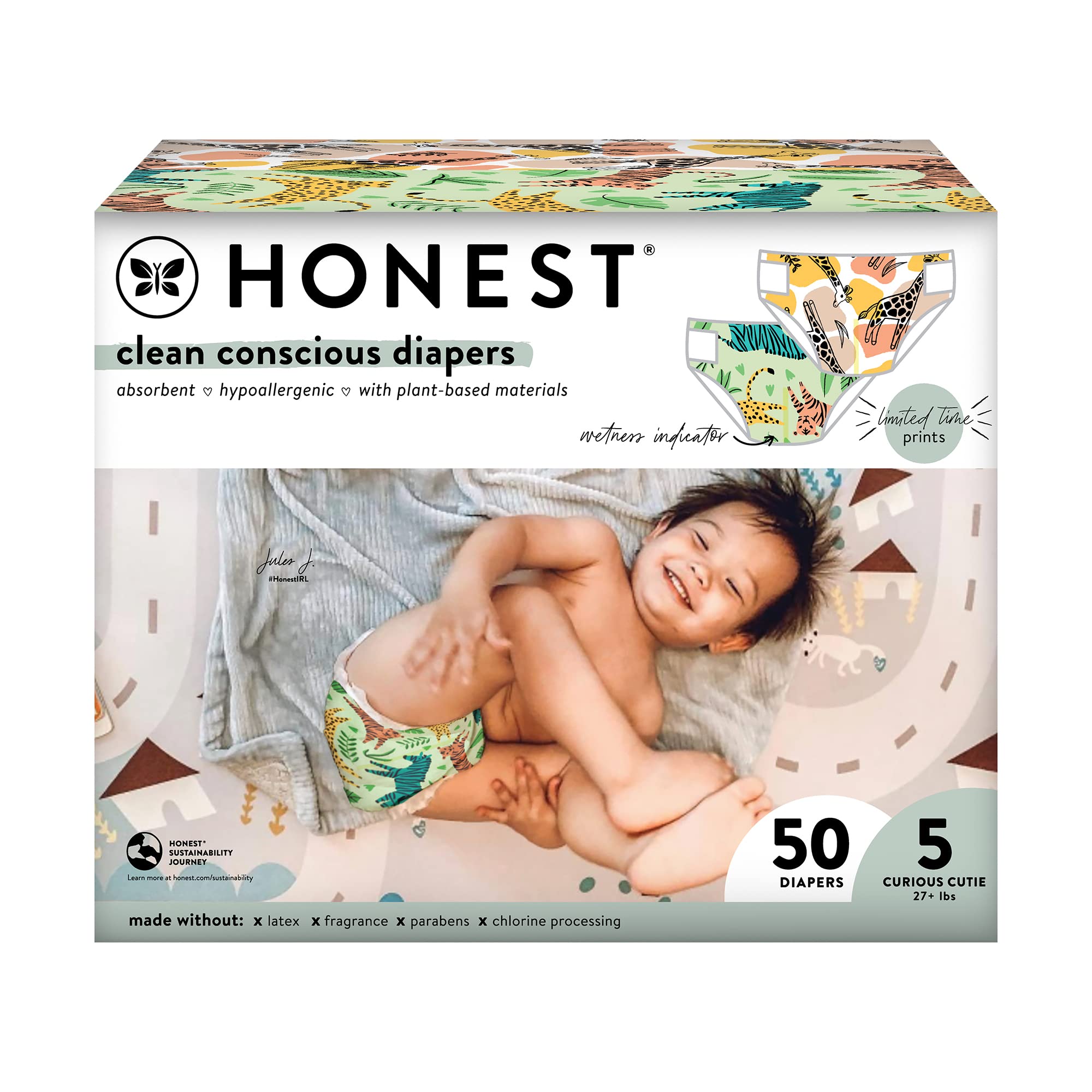 The Honest Company Clean Conscious Diapers | Plant-Based, Sustainable | Stripe Safari & Seeing Spots | Club Box, Size 5 (27+ lbs), 50 Count