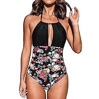 CUPSHE Women's Black Floral Plunging Halter Open Back One Piece Swimsuit