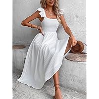 Women's Dress Ruffle Trim Shirred Detail Dress (Color : White, Size : Medium)