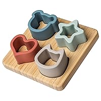 Mary Meyer Baby and Toddler Toys Simply Silicone Sorting Puzzle with Bamboo Base for 12+ Months Old Preschool Gifts, 4 x 4-Inches, Animal, Star, Heart Shapes