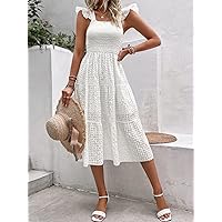 Fall Dresses for Women 2023 Hollow Out Shirred Ruffle Trim Dress Dresses for Women (Color : White, Size : Large)