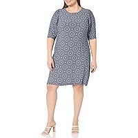 Tommy Hilfiger Women's Plus Size Long Ruched Sleeves Jersey Fabric Dress, Sky Captain/Ivory