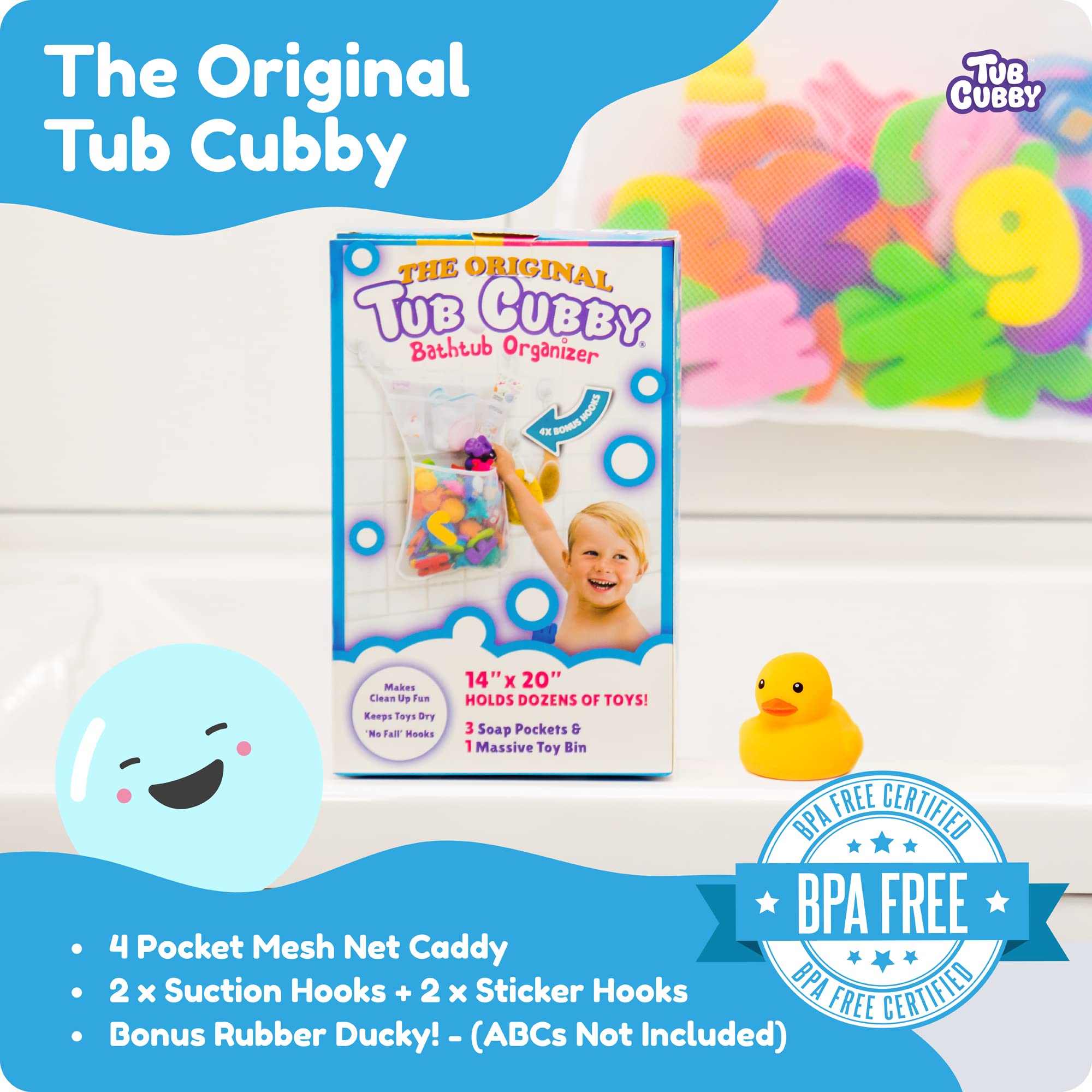 Original Tub Cubby Bath Toy Storage - Hanging Bath Toy Holder, with Suction & Adhesive Hooks, 14