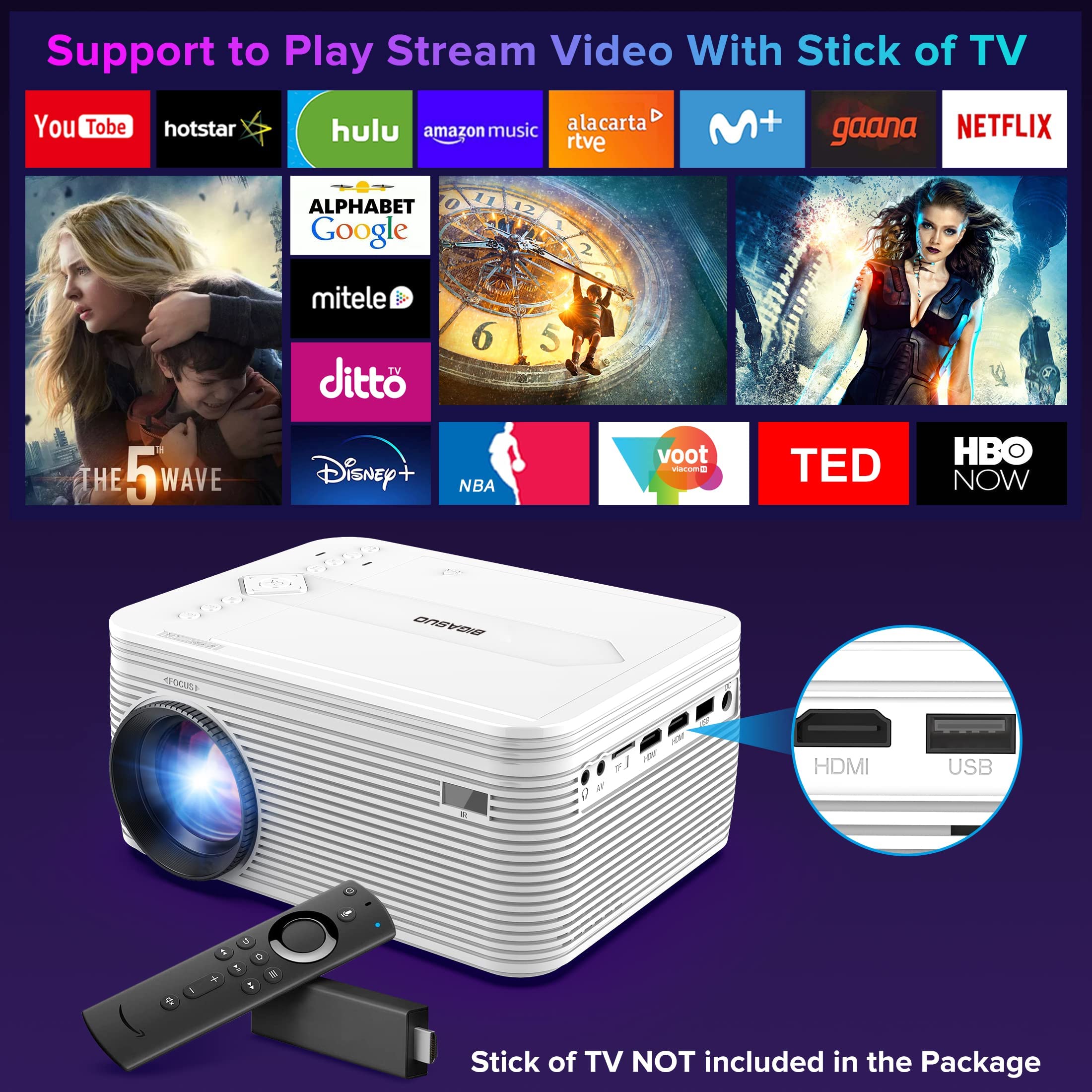 BIGASUO HD 9000L Bluetooth Projector Built in DVD Player, Mini Projector 1080P and 250”Supported with Tripod/ Carry Bag, Projector Compatible w/ TV Stick, PS5, Laptop, Portable Outdoor Movie Projector
