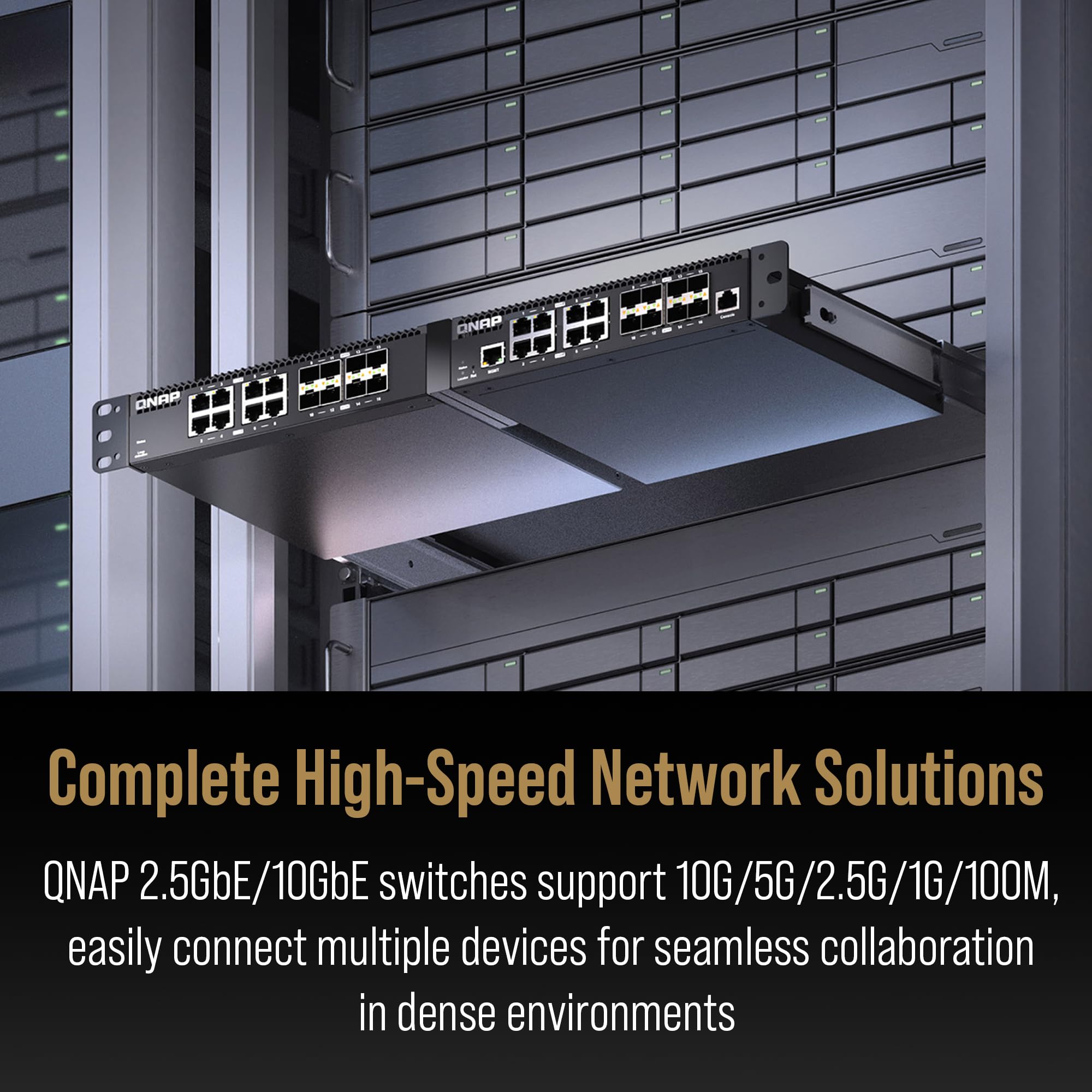 QNAP 16-Port Half-Width Rackmount 10GbE Managed Network Switch (QSW-M3216R-8S8T-US). Layer 2, Web Management