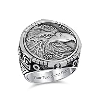 Bling Jewelry Personalize Statement Patriotic USA Flying Bird American Symbol Bald Eagle Signet Ring Liberty 1937 Eagle Head Coin Ring For Men Oxidized .925 Sterling Silver Customizable