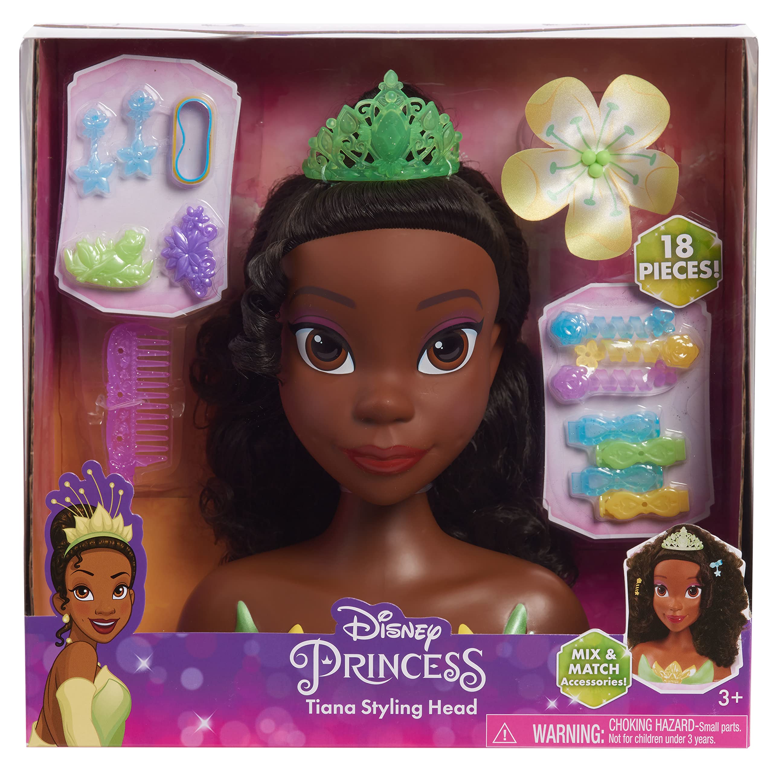 Disney Princess Tiana Styling Head, 18-Pieces, Pretend Play, Officially Licensed Kids Toys for Ages 3 Up, Gifts and Presents by Just Play