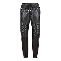 Men's Real Leather Trousers Quilted Track Pants Black Napa Jogging Bottoms 4050