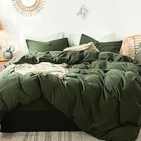 MooMee Bedding Duvet Cover Set 100% Washed Cotton Linen Like Textured Breathable Durable Soft Comfy (Olive Green, Queen)