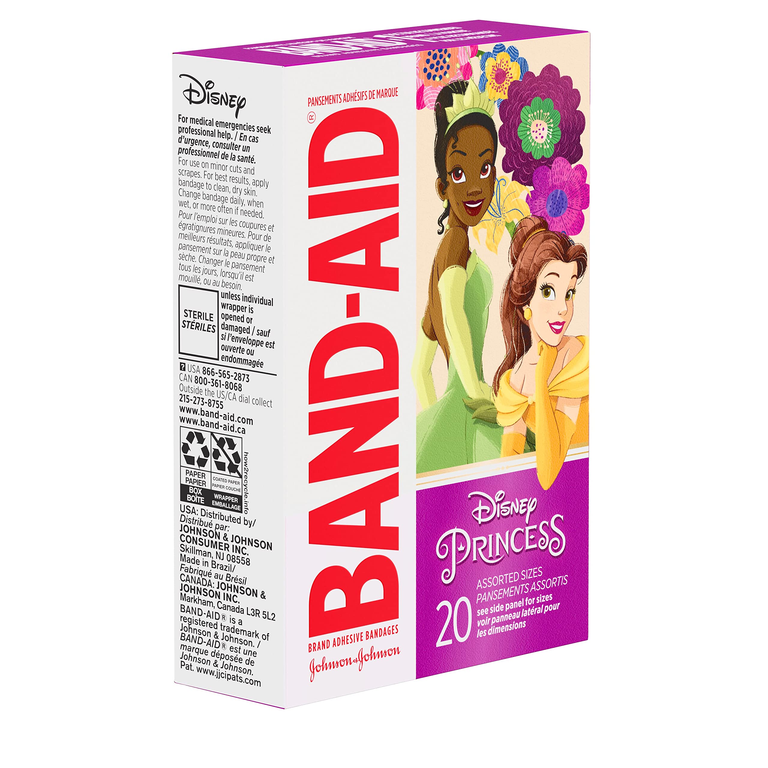 Band-Aid Brand Adhesive Bandages for Minor Cuts & Scrapes, Wound Care Featuring Disney Princess Characters, Fun Bandages for Kids and Toddlers, Assorted Sizes, 20 Count