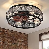 Low Profile Caged Ceiling Fans with Lights and Remote, Flush Mount Ceiling Fan with Light, Bedroom Fan, Small Industrial Black Ceiling Light Fixture, Reversible(Bulbs not Included)