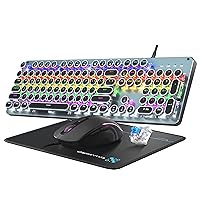 Typewriter Mechanical Gaming Keyboard and Mouse, Metal Panel Retro Keyboard with Round Keycap Blue Switch, RGB Backlit 104 Keys Anti-Ghost Wired Keyboard Mouse and Pad Combo for PC Laptop Mac Gamer