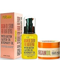 Moroccan Argan Oil Hair Mask Sulfate SLS Paraben Free - Deep Conditioner Treatment for Dry Damaged Hair - and Moroccan Argan Oil Hair Serum with Biotin, Castor Oil, Rosemary Oil - Heat Protectant