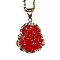 Iced Laughing Buddha Red Jade Pendant Necklace Rope Chain Genuine Certified Grade A Jadeite Jade Hand Crafted, Jade Necklace, 14k Gold Filled Laughing Jade Buddha Necklace, Silver Jade Medallion, Fast Prime Shipping