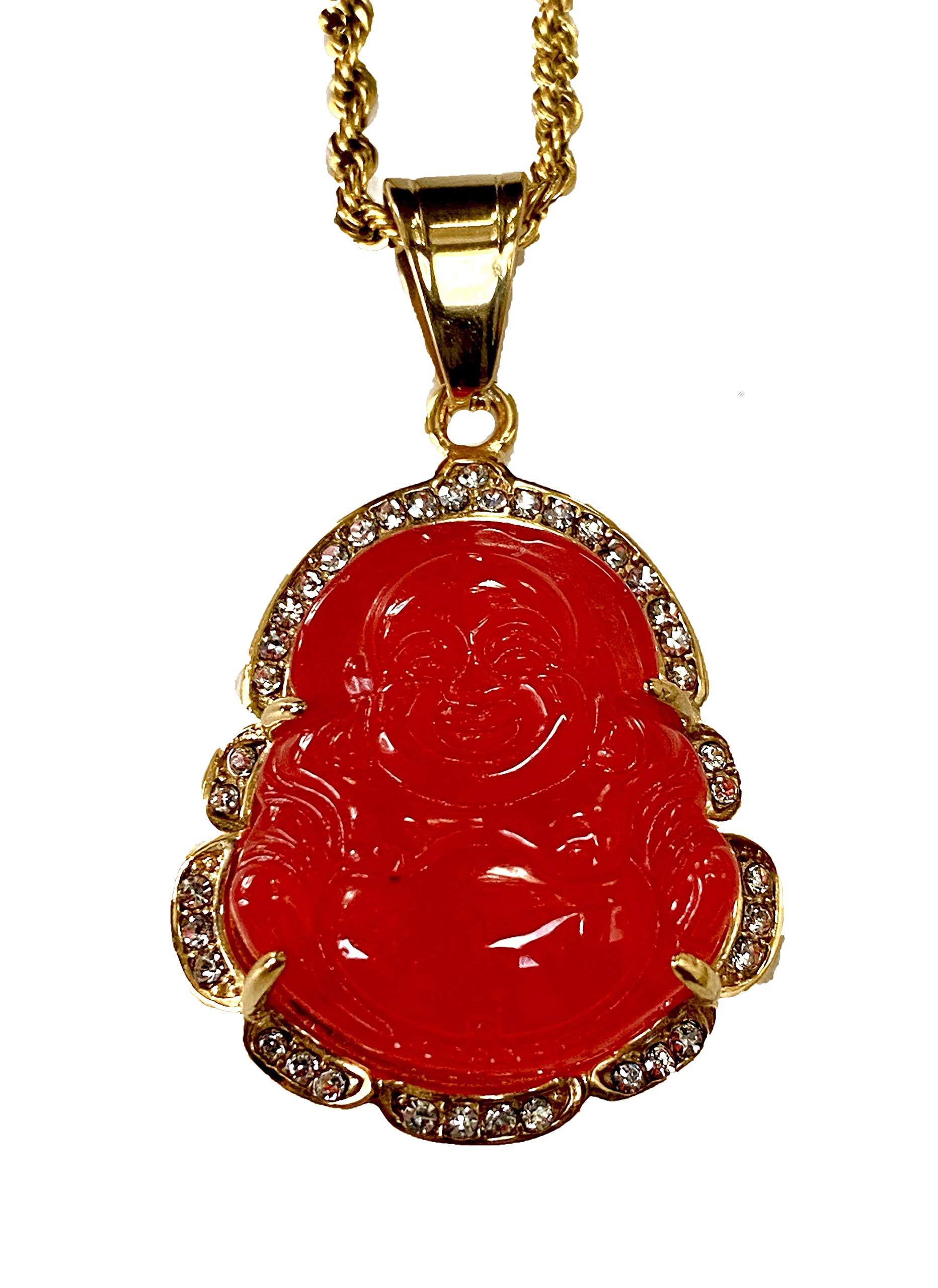 Iced Laughing Buddha Red Jade Pendant Necklace Rope Chain Genuine Certified Grade A Jadeite Jade Hand Crafted, Jade Necklace, 14k Gold Filled Laughing Jade Buddha Necklace, Silver Jade Medallion, Fast Prime Shipping