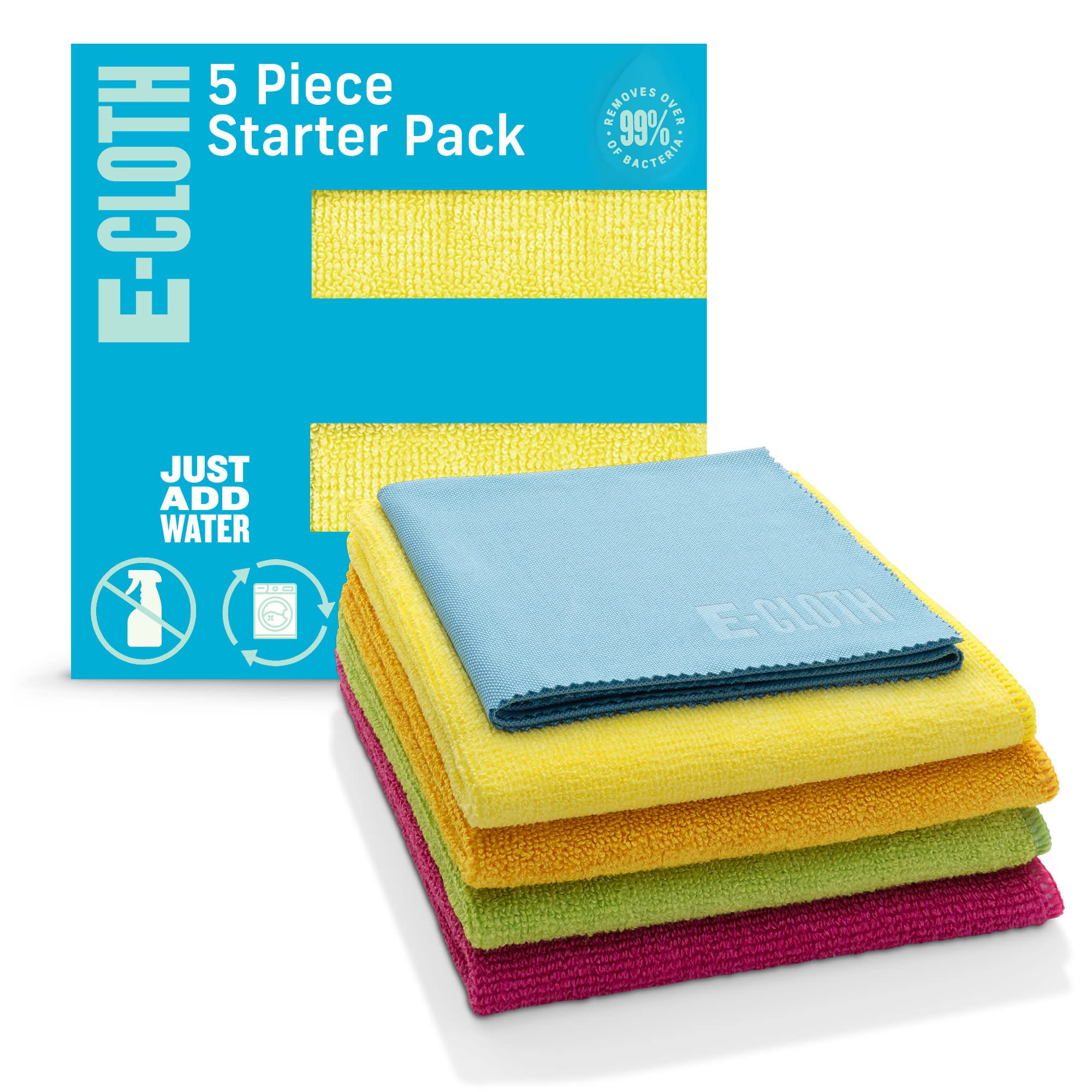 E-Cloth Starter Pack, Premium Microfiber Cleaning Cloths, Great Household Cleaning Tools for Bathroom, Kitchen, and Cars, Washable and Reusable, 300 Wash Guarante, Assorted Colors, 5 Piece Set