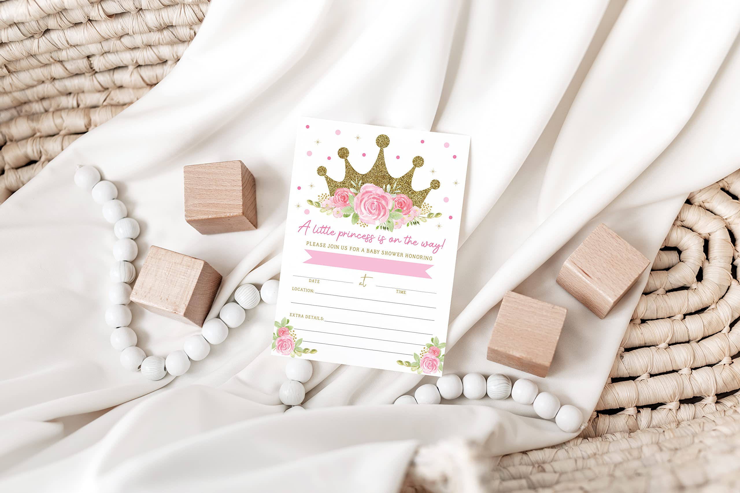 Princess Baby Shower Invitations with Book Request and Diaper Raffle Card, Pink Baby Sprinkle, 20 Fill in Invites