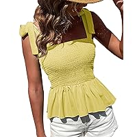 BTFBM Women Ruffle Smocked Tank Top Square Neck Sleeveless Camisole Tie Shoulder Beach Casual Summer Blouse Shirts 2023